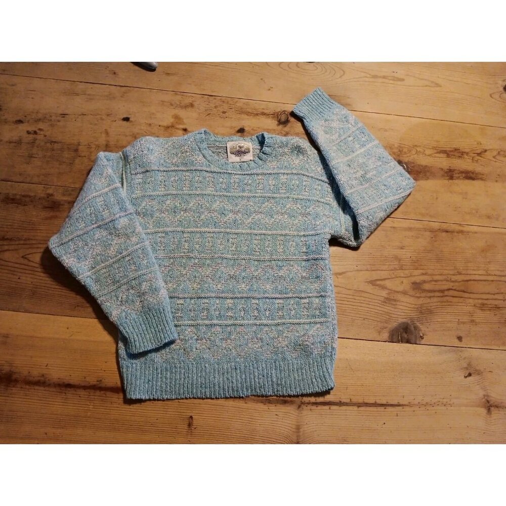 Alps Merrimac Sweater Womens S Aqua Blue Wool Pullover Geometric Pattern Winter